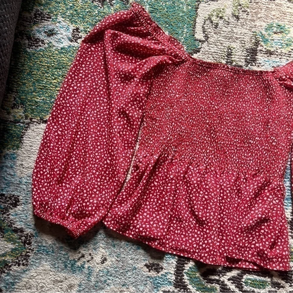 Red puff sleeves peasant floral Madewell blouse shirt